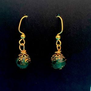 One of a kind handmade Green and Gold Dangle Earrings